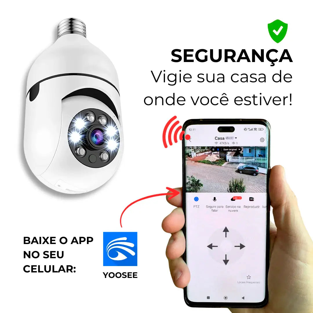 [LEVE 4 PAGUE 1] Câmera de Segurança 360° HD com Visão Noturna + BRINDES: Tranca Elétrica + Refletor LED